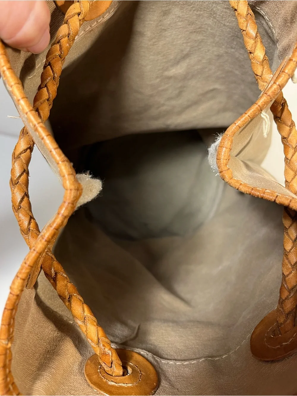 Vintage Fossil Canvas Bucket Backpack Purse Woven Leather Pattern - Picture 9 of 12